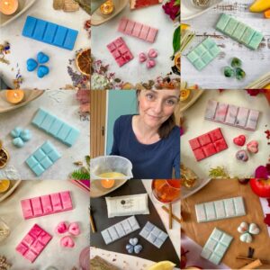 Rachel Jane Home Fragrance. Quality Wax Melts. An assortment of colourful wax melts pictured with Rachel Jane